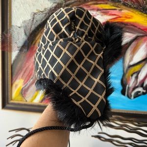 Vintage Skea Trapper Hat Faux Fur Gold Pattern Size S
